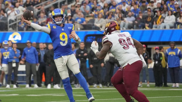Commanders' DT Daron Payne pressures passer Matthew Stafford